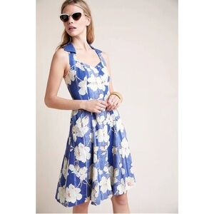 Anthropologie Camellia Collared Dress Blue White Sleeveless Fit Flare Pockets 4